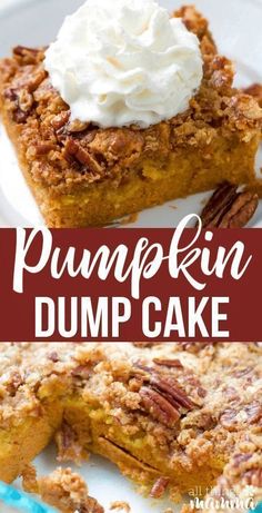 pumpkin dump cake with whipped cream and pecans in the middle on a white plate