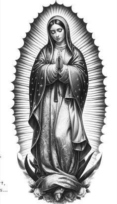 an image of the virgin mary in black and white