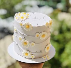 a hand holding a white cake with daisies on it