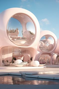 an artistic rendering of a futuristic building with large circular windows and round structures on the outside