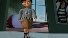 a cartoon character is standing in front of a window and looking at the camera man