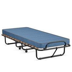 a blue mattress sitting on top of a metal frame