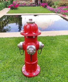 a red fire hydrant sitting on top of a lush green field next to a pool