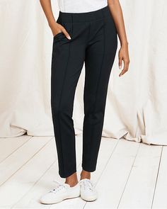 Versatile pants featuring the comfort of a pull-on style, with a faux fly and back welt pockets. These trousers are soft and warm, with beautiful drape and a hint of stretch for a flattering fit. Relaxed fit. Pull-on style. Faux fly. Mid rise. Wide elastic waist. 27 inch inseam. Ankle length; tapered leg. TENCEL lyocell/nylon/wool/spandex. Women's relaxed pull-on pants. By Garnet Hill. Petite Height, Slim Hips, Cords Pants, Awesome Blouse, Boxy Sweater, Travel Pants, Garnet Hill, Detailed Sweater, Denim Button Down