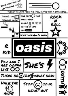 a black and white poster with words on it that say oasis she's here