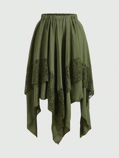 Plus Size Asymmetrical Skirt With Elasticated Waist And Lace Trim Army Green Casual   Woven Fabric Plain Asymmetrical Non-Stretch  Women Plus Clothing, size features are:Bust: ,Length: ,Sleeve Length: Hobbit Clothes, Romwe Fairycore, Short Flowy Skirt, High Wasted Skirt, Dark Green Skirt, Long Green Skirt, Square Skirt, Ren Faire Outfits, Pixie Skirt