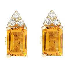 2.65 Carat Natural Citrine 14K Yellow Gold Diamond Earrings - Fashion Strada Gold Diamond Stud Earrings, Yellow Gold Diamond Earrings, Gold Diamond Earrings Studs, Gold Earrings For Women, Gold Diamond Earrings, La Face, Natural Citrine, Diamond Stud Earrings, Diamond Stud