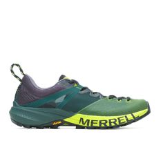 the merrella running shoe in green and purple with yellow accents on the upper part