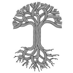 a tree with roots in the shape of a letter t on a white background, vintage line drawing or engraving illustration