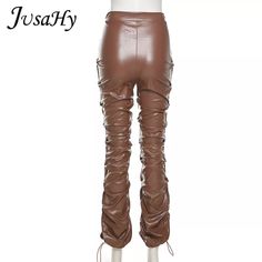 FREE SHIPPING 2022 Trend Black PU Leather Pleated Stacked Pants OUT0895 Casual Brown Pants For Party, Casual Brown Leather Pants For Party, Stacked Leather Pants, Street Wear Pants, Stacked Pants, Pleather Pants, Trouser Outfit, Long Trousers, Pleated Fabric