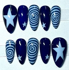 nails Blue Cat Nails, Cat Acrylic Nails, Coraline Inspired Nails, Coraline Nail Designs, Coraline Nails, Black And Blue Nails, Periwinkle Nails, Spiral Star, Band Nails