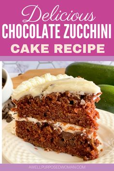 delicious chocolate zucchini cake recipe with white frosting and cucumbers in the background