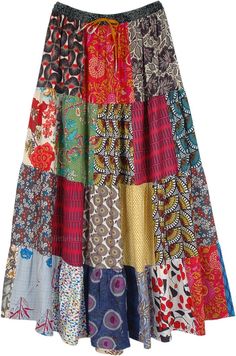 Long Patchwork Skirt, Multicolor Cotton Maxi Skirt With Elastic Waistband, Casual Multicolor Floral Patchwork Skirt, Multicolor Floral Patchwork Tiered Maxi Skirt, Multicolor Maxi Skirt With Floral Patchwork, Bohemian Tiered Skirt With Floral Patchwork, Hippie Cotton Patchwork Maxi Skirt, Cotton Patchwork Maxi Skirt, Multicolor Cotton Patchwork Maxi Skirt