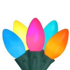 multicolored christmas lights are on top of the green plastic umbrella holder against a white background