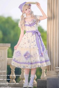 Purple/Ivory Blueberry Pie Print Short Sleeves Ruffle Bowknot Sweet L – LolitaInside Spring Kawaii Dress With Ruffles, Purple Fairy Kei Dress With Ruffles, Doll Customizing, Blue Harajuku Dress With Ruffles, Spring Fairy Kei Dress With Ruffles, Punk Dress, Dress Design Sketches, Blueberry Pie, Sweet Lolita