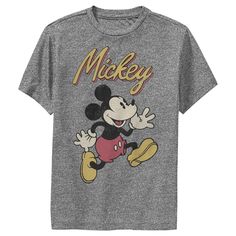 Who knew that dressing "mousey" could be so cute!? Celebrate Walt Disney's most iconic character with these officially licensed Mickey Mouse and Friends styles! This fun Boys' Tee features a retro-style Mickey in a running animation with his named written in cursive above him. This tee is perfect for your next trip to Disneyland! Size: medium. Color: charcoal heather. Gender: male. Age Group: kids. Pattern: Mice. Material: Cotton. Mickey Mouse Graphic Tee Tops, Pop Culture Mickey Mouse Tops For Disney Fan Events, Mickey Mouse Retro, Friends Boys, Disney Boys, Sleeve Packaging, Disney Kids, Mickey Mouse And Friends, Slim Fit Shorts