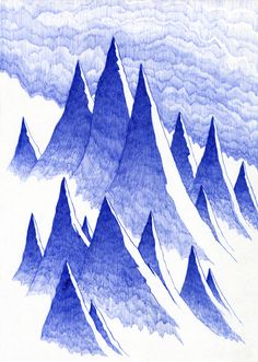 a drawing of mountains in the sky with clouds around them and blue ink on paper