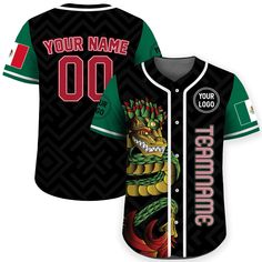 This Custom Baseball Jersey with Mexico Flag is a stylish and functional piece that ensuring a comfortable fit for groups, individuals, couples, teams, or anyone who loves Mexico a fashionable and sporty vibe. From casual outings to intense gameplay, this baseball jersey guarantees both style and performance. If you have any other design ideas, or any changes to the jersey details, simply share an image and we will create a visual representation for you to confirm. FEATURES - Personalized with your choice of team name, name, number, and patches - Available in men, women, youth and kid sizes - Made of high-quality polyester fabric, printing with no fading. - Durable, lightweight and breathable fabric that keeps you cool and dry. - The reinforced stitching guarantees long-lasting performance Team Spirit Baseball Jersey With Logo, Team Spirit Baseball Jersey With Logo Print, Casual Black Baseball Jersey For Team Events, Casual Breathable Baseball Jersey, Casual Breathable Baseball Jersey For Sports, Breathable Casual Baseball Jersey For Sports Season, Casual Baseball Jersey With Logo Print For Sports Events, Sporty Sublimation Design Shirt With Baseball Collar For Sports, Casual Green Baseball Jersey For Sports