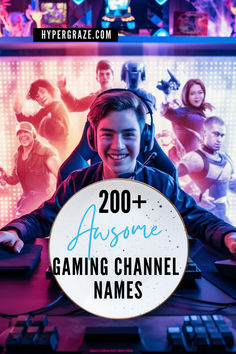 A smiling young gamer wearing a headset in front of a colorful gaming backdrop with characters and glowing lights, promoting over 200 gaming channel names ideas for YouTube.