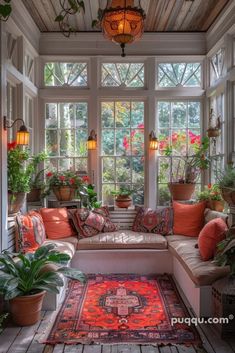 the sun room is filled with potted plants