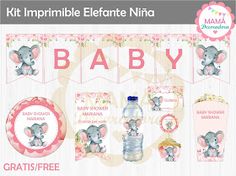 an elephant baby shower kit with its name on it