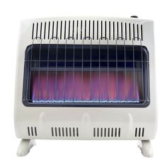 an electric heater with purple flames on the side and black top, sitting in front of a white background