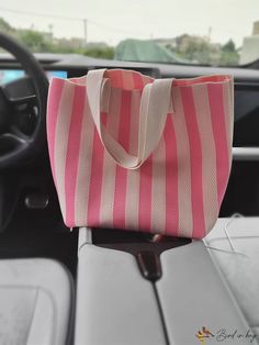 BirdinBag - Stripe-Contrast Tote: Stylish, Versatile Womens Bag for Casual Shoulder, Travel, and Beach Use Bags Pattern, Womens Bag, Crochet Bag Pattern, Crochet Bags, Pink Bag, Bag Pattern, Crochet Bag, Polyester Material, Bag Lady