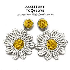 Daisy Days are your answer to the days of spring! Length 2.75 inches Width 2 inches Bead Detailing Post Back Allergy Friendly Post Rays Of Sunshine, Superhero Capes, Allergy Friendly, Beaded Earrings, Allergies, Statement Earrings, Daisy, Beads, Bead Earrings