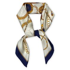 Charming depictions of watch faces and fobs - each attached to intricate golden chains are artfully scattered on creamy white silk and surrounded by a navy blue border. Each scarf measures 36" x 36". Handcrafted in Vermont of imported fabric. Elegant Gold Rectangular Silk Scarf, Classic Gold Silk Scarf For Formal Occasions, Elegant Gold Square Silk Scarf, Blue Border, Old Money Style, Watch Faces, White Silk, Creamy White, Old Money