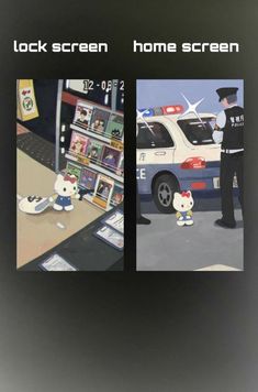 an advertisement for a home screen store with two pictures of police officers and a cat