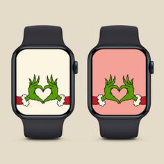 two apple watch faces with hearts and bones on the screen, both showing different colors