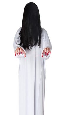 a woman with long black hair wearing a white robe and holding her hands out to the side