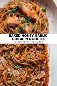 baked honey garlic chicken noodles in a white bowl with the title above it