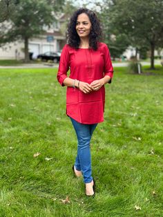 This Red Short Kurti is the perfect way to express your unique sense of style. Crafted from luxurious rayon fabric, its comfortable all day wear ensures that you can look and feel your best. An eye-catching blend of indo western, this piece is a must-have for the fashion-forward individual. Wash and Care : Hand wash in cold water and air dry. Note : Please size up as Kurta fits snug. Fit: Regular Fit Fabric: Rayon Neck: Round Sleeves: 3/4th Sleeves Pattern Type: Solid Length: Hip Length Festive Straight Kurta Casual Blouse, Festive Fall Cotton Kurta, Casual Straight Kurta Tops For Eid, Casual Kurta For Workwear And Eid, Red Rayon Tops For Fall, Traditional Red Blouse For Fall, Casual Tunic Blouse For Festive Occasions, Casual Workwear Kurta For Eid, Fitted Tunic For Festive Occasions