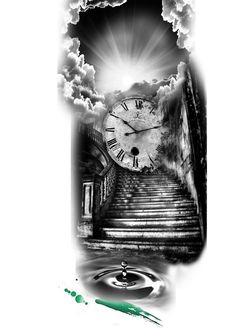 a black and white photo with a clock in the sky above some steps that lead up to a stairway