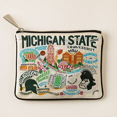 Carry keys, cash, or cosmetics with collegiate pride in a beautifully designed pouch that celebrates everything special about a cherished alma mater. From ‘Bama to Syracuse, each original design is woven (not printed) on a handy, 100% cotton, zippered carryall. Because each alma mater is much more than a logo or school colors, the designs were hand drawn with collaborative input from passionate alumni, fans, faculty, and locals. Designed in California. Made in Thailand. | Collegiate Pouches - Mi College Grad Gifts, Mail Gifts, Uncommon Goods, Michigan State University, College Gifts, Alma Mater, Grad Gifts, Michigan State, School Colors