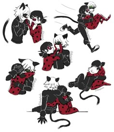 some black and white cats with red polka dots on them, one is hugging the other