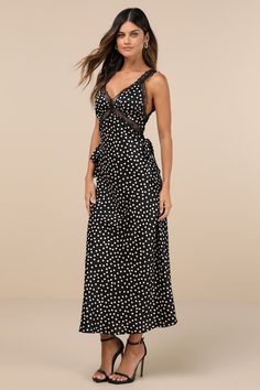 You'll be known for creating the cutest outfits when you have a winner like the Lulus Darling Reputation Black Polka Dot Lace Sleeveless Midi Dress in your wardrobe! Sleek, lightweight woven fabric boasts a classic polka dot pattern throughout as it shapes this sweet dress that features lightly gathered cups, a V-neck (and back), and wide shoulder straps. Sheer floral lace trims the neckline and straps and creates a high, empire-style waist, atop a slip-inspired silhouette with tying bow details Sleeveless Polka Dot Maxi Dress For Party, Polka Dot Sleeveless Maxi Dress For Party, Polka Dot Sundress With Spaghetti Straps, Sleeveless Polka Dot Chic Maxi Dress, Sleeveless Polka Dot Dress For Night Out, Polka Dot Sleeveless Dress For Night Out, Polka Dot Sleeveless Summer Party Dress, Polka Dot Sleeveless Dress For Summer Party, Sleeveless Polka Dot Maxi Sundress