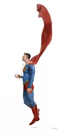 a man in a superman costume is flying through the air with his hands on his hips