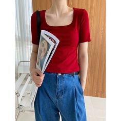 Summer Solid Color Square Neck Slim T-Shirt Fabric: 93% Cotton+7% Spandex Size: M, L Multiple Color Selections: Red Pattern: Solid Color  Season: Spring, Fall, Summer Dance Pants Hip Hop, Color Season, Dance Pants, Tactical Pants, Skirt Belt, Solid Color Shirt, Outdoor Jacket, Red Pattern, Pullover Shirt