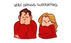 two people in red shirts are facing each other with the words very serious superheros