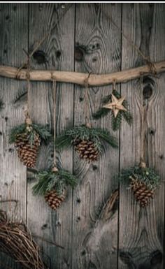 some pine cones hanging from a wooden fence with twine and star decorations on them