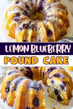 lemon blueberry pound cake on a white plate