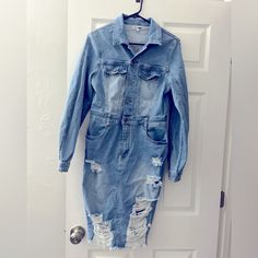 Distressed Denim Midi Dress; X-Large Very Slim Fit With Some Stretch; Runs Very Small(About 2 Sizes Then Labeled); Never Worn, Great Condition And Material; Real Buttons And Zipper. Casual Distressed Denim Blue Dress, Casual Distressed Denim Dress, Distressed Medium Wash Denim Dress, Spring Distressed Denim Blue Dress, Denim Midi Dress, Fashion Nova Dress, Fashion Nova Dresses, Distressed Denim, Denim Dress