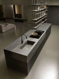 an image of a modern kitchen in the middle of a room with shelving on the wall