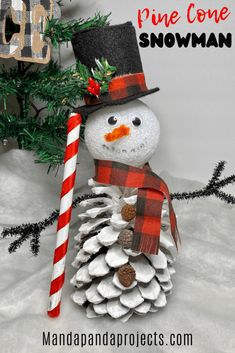 a snowman made out of pine cones with a candy cane in his hand and the words pine cone snowman on it