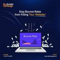 a laptop computer with bounce rate on the screen and people running around it, as well as text reading stop bounce rate from killing your website