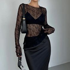 Commense Lace Top , Long Sleeve, Size M Tight Long Sleeve Shirt Lace, Sheer Lace Long Sleeve Top Outfit, Sheer Top With Skirt, Night Out Long Sleeve Top, Lace V Neck Top, All Black Lace Outfit, Lace Mock Neck Top Outfit, Long Sleeve Sheer Top Outfit, Black Lace Top Outfit Night