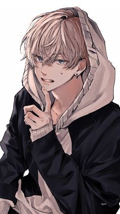 an anime character with blonde hair and blue eyes, wearing a black hoodie while holding his hand to his face