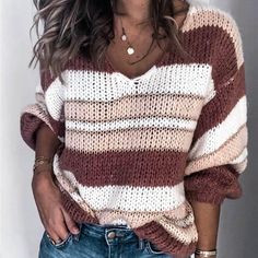 V Neck Coloeblock Striped Sweater Pullover Mode, Loose Knit Sweaters, Knitting Women Sweater, Loose Sweater, Color Block Sweater, Casual Sweaters, Girls Sweaters, Sleeves Pattern, Striped Knit